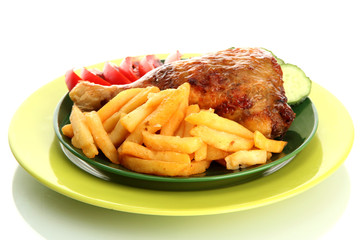 Roast chicken with french fries and cucumbers
