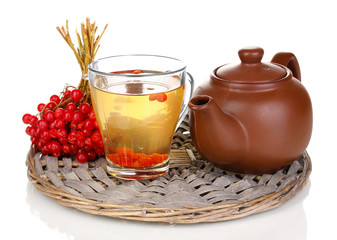 tea with red viburnum isolated on white