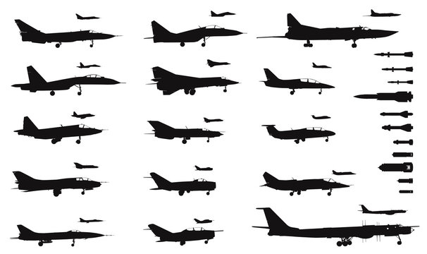 Detailed  military aircrafts and weapon set. Vector silhouettes