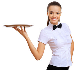 Young waitress with an empty tray - obrazy, fototapety, plakaty