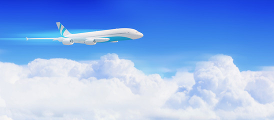 Naklejka na ściany i meble Biały samolot pasażerski w błękitne niebo