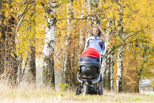 woman with a pram on walk in autumnal nature
