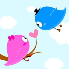 two birds on branch with heart leaf so sweet