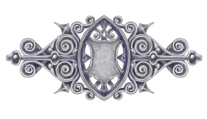 Ornated silver vintage decor with heraldic shield.