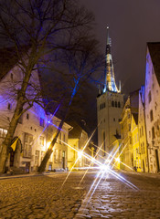 Illuminated street in the Old Town of Tallinn, Estonia