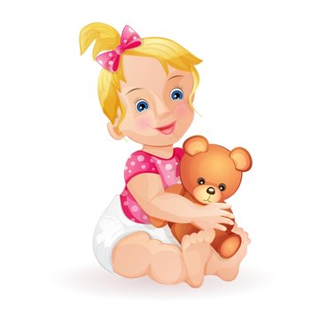 Cute baby girl holding teddy bear isolated on white
