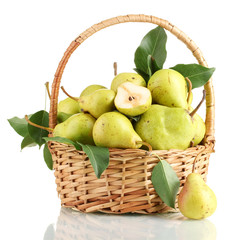 Juicy flavorful pears in basket isolated on white