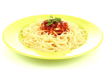 Italian spaghetti in plate isolated on white