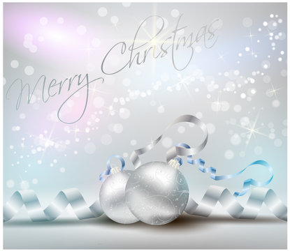 Christmas background with ribbons and shiny christmas baubles