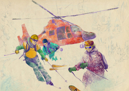 Winter sports - Rescue Team (skiers) - this is original drawing