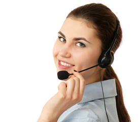 A close-up portrait of a female customer service operator