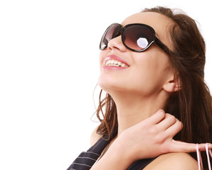 A portrait of a woman with a bag looking up, isolated on white