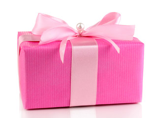 Colorful pink gift with bow isolated on white