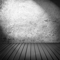 old empty room with wooden floor and white grunge wall