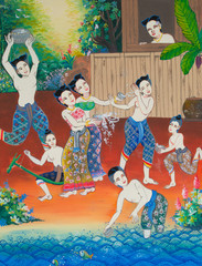 Songkran festival  painting on wall in temple