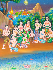 Obraz na płótnie Canvas Festiwal Loy Kratong malowanie na ścianie w świątyni