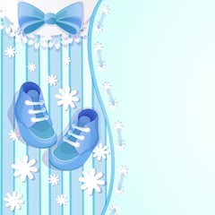 Baby shower blue card with baby shoes