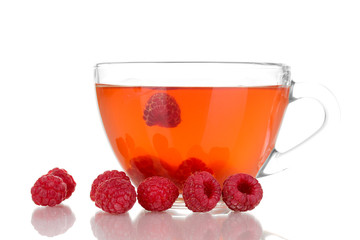 tea with raspberries isolated on white