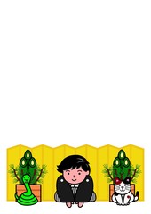 年賀状、金屏風と門松の背景