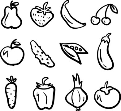 Hand drawn fruit and vegetable icon set