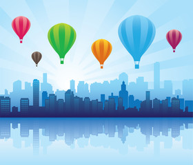 City skyline with flying hot air ballons