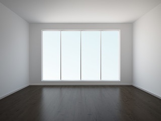 white interior with dark wooden floor and window