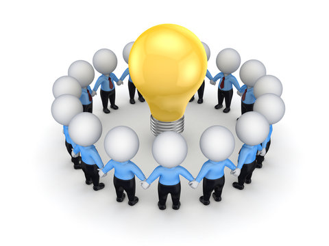 3d small people around yellow bulb.