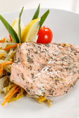 salmon steak with vegetables