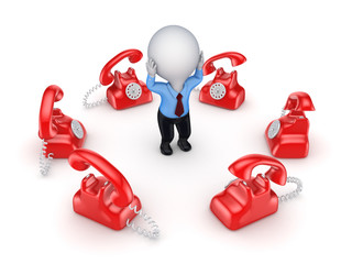 Vintage telephones around 3d small person.