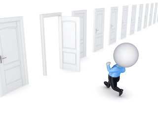 3d small person running through opened door.