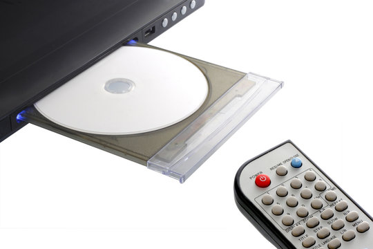 dvd player and remote control with disk open tray isolated