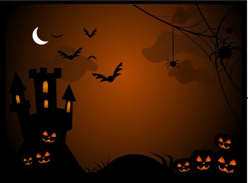 Spooky Halloween vaecot with pumpkins bats and castle