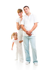 Happy young family isolated on white background