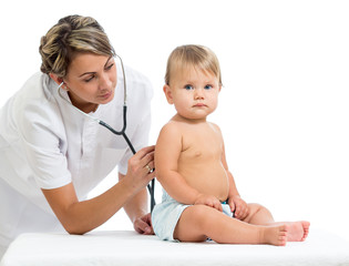 doctor examining baby girl isolated on white background