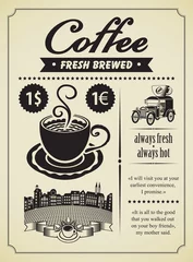 Stickers pour porte Journaux Bannière rétro avec une tasse de café et une voiture ancienne