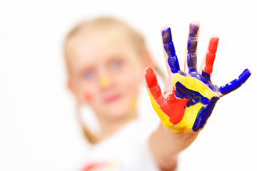 happy child with paint on the hands