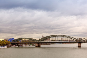 Movement of  trains on  railway bridge through Rhine in Cologne
