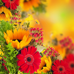 Autumn flowers, bouquet from gerber and sunflowers