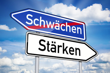 Wegweiser mit Schwächen und Stärken