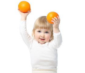 Fototapeta na wymiar Happy little baby showing oranges