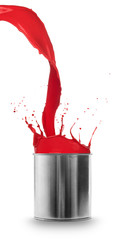 Red paint splashing out of can, isolated on white background