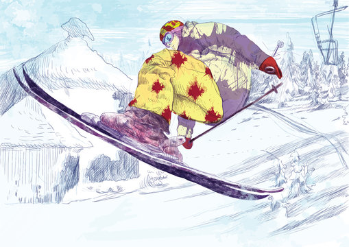Free style skier, trick (this is drawing converted into vector)