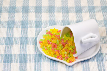 colorful dried fruits and coffee cup