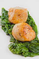 Jakobsmuscheln auf frisch zubereitetem Garten Spinat