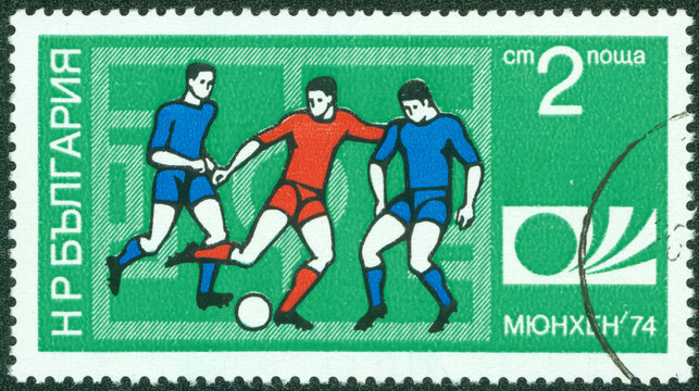 Stamp printed in BULGARIA shows  football players