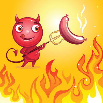 cute cartoon character devil roasting sausage on fire