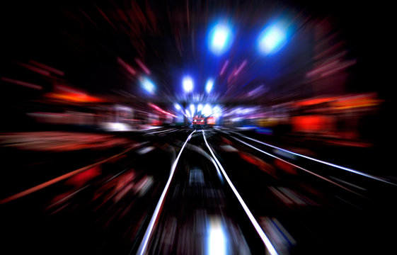 Night illustration of railroad, lights and motion blur