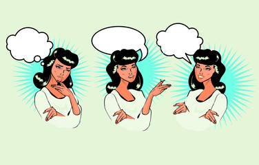 Vintage vector woman different facial expressions talking, think