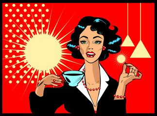 Coffee Lover vector poster with woman and cup of coffee in hand,