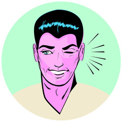 cheerful young man winking and smiling on background